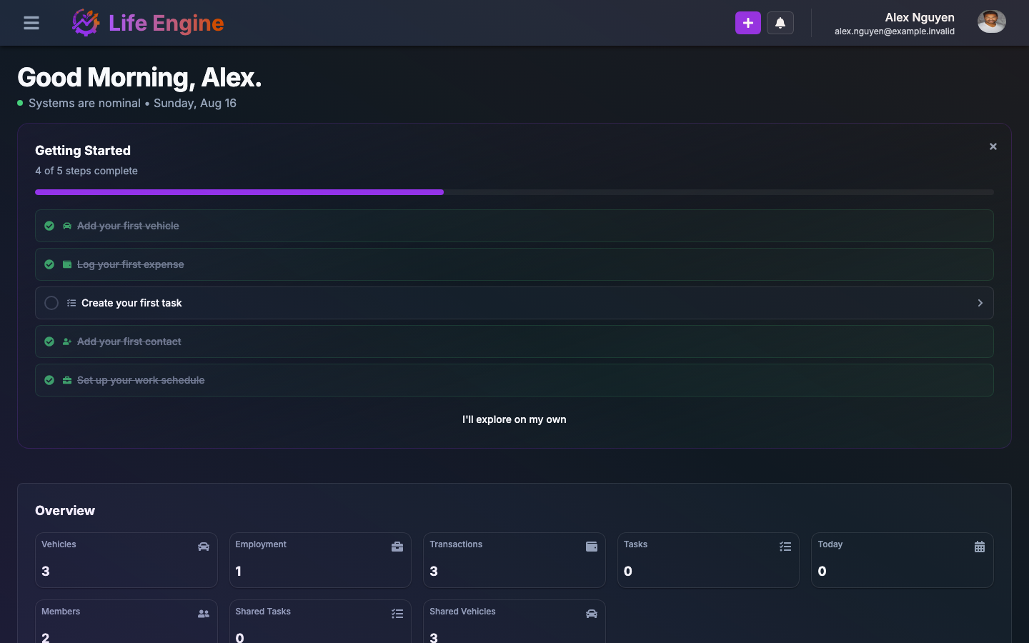 Life Engine desktop — dashboard